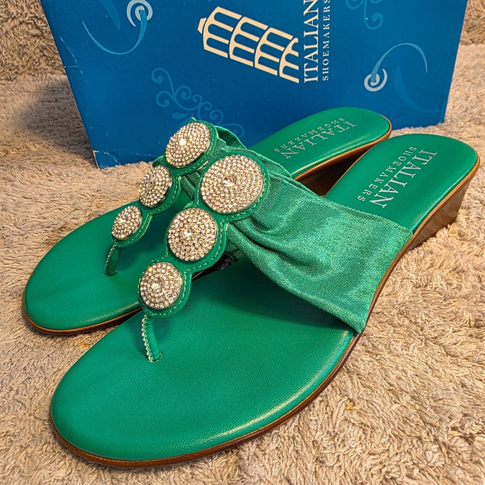 Italian Shoemakers Gloss Green Rhinestone Wedge Thong Sandals Womens 9 NEW